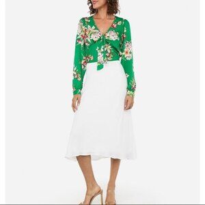 Express Satin Floral Tie Front Top Green S